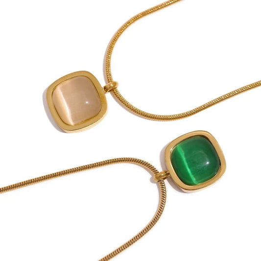 Wee Luxury Women Necklaces Geometric Square Green Opal Drop Dangle Stone Necklace for Women