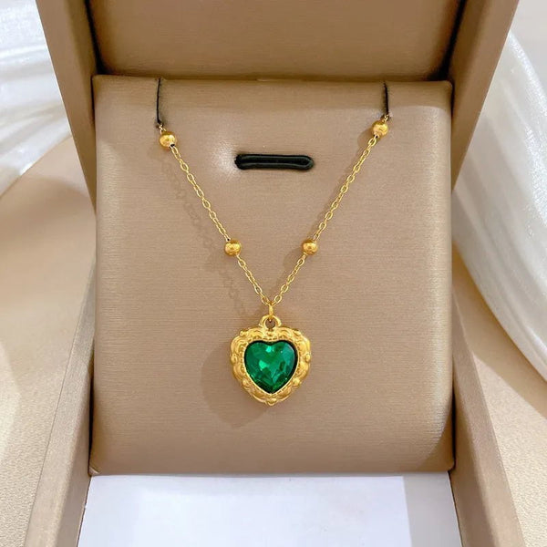 Wee Luxury Women Necklaces Gold Color Luxury Heart Green Crystal Pendant Chain Necklace
