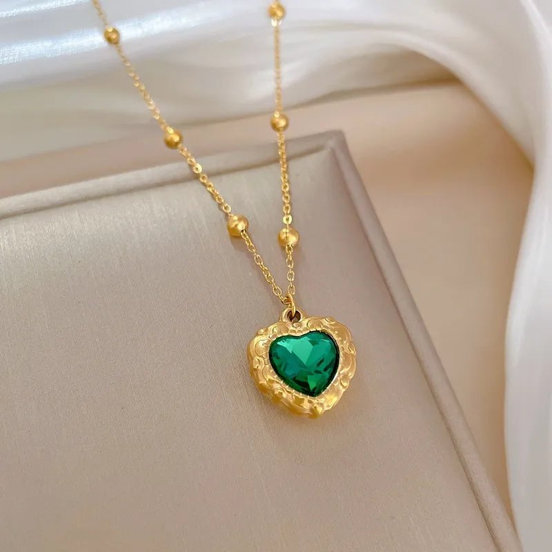 Wee Luxury Women Necklaces Gold Color Luxury Heart Green Crystal Pendant Chain Necklace