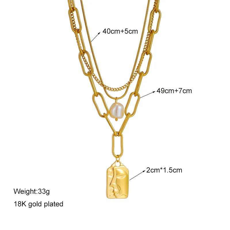 Wee Luxury Women Necklaces Gold Color Trend 3-Layer Pearl Square Portrait Pendant Chain Necklace
