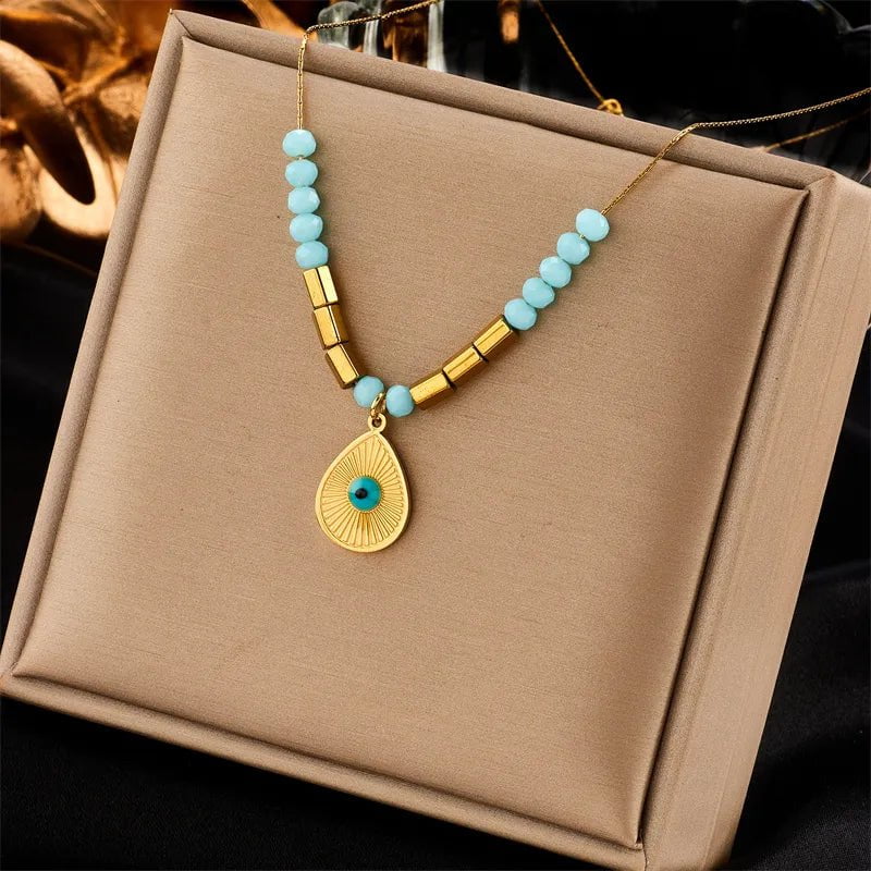 Wee Luxury Women Necklaces Gold Color Vintage Ladies Clavicle Chain Waterdrop Eye Pendant Necklace