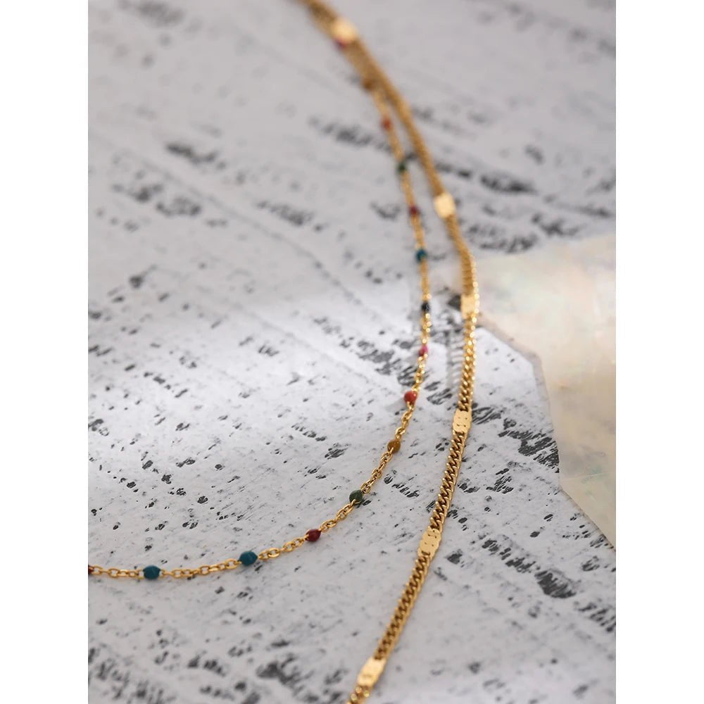 Wee Luxury Women Necklaces Gold Colorful Enamel Double Layered Stainless Steel Necklace Gift - Geometric Women's Jewelry