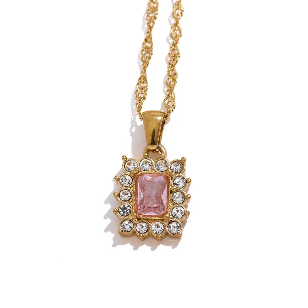 Wee Luxury Women Necklaces Gold Pink Luxurious Geometric with Shiny Cubic Zirconia Pendant for Women's Fashion Jewelry