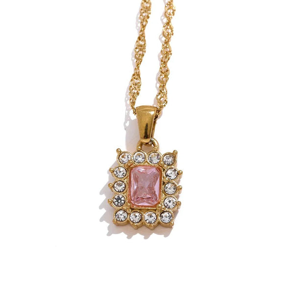 Wee Luxury Women Necklaces Gold Pink Luxurious Geometric with Shiny Cubic Zirconia Pendant for Women's Fashion Jewelry