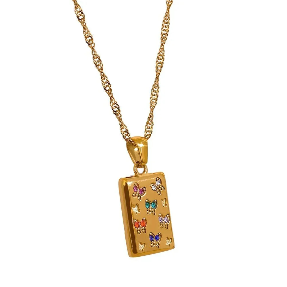 Gold plated CZ butterfly pendant necklace with colorful butterfly motifs.