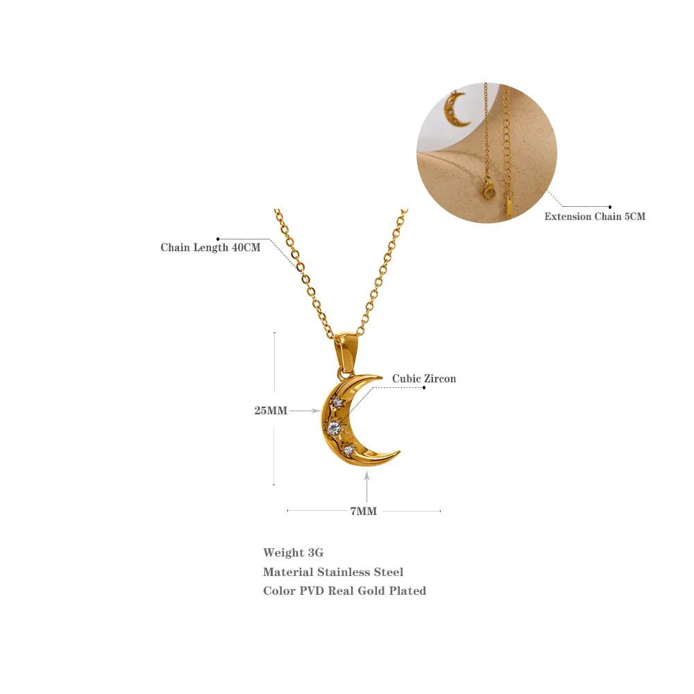 Wee Luxury Women Necklaces Gold Plated Golden Moon Stainless Steel Pendant Necklace - Elegant Women's Jewelry