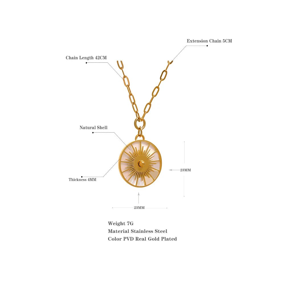 Wee Luxury Women Necklaces Gold Plated Golden Shell Geometric Pendant Sun Necklace - Trendy Stainless Steel Statement Jewelry