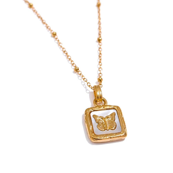 Wee Luxury Women Necklaces Gold Plated Golden Square Butterfly Shell Necklace for Women - Geometric Trendy Fashion Jewelry