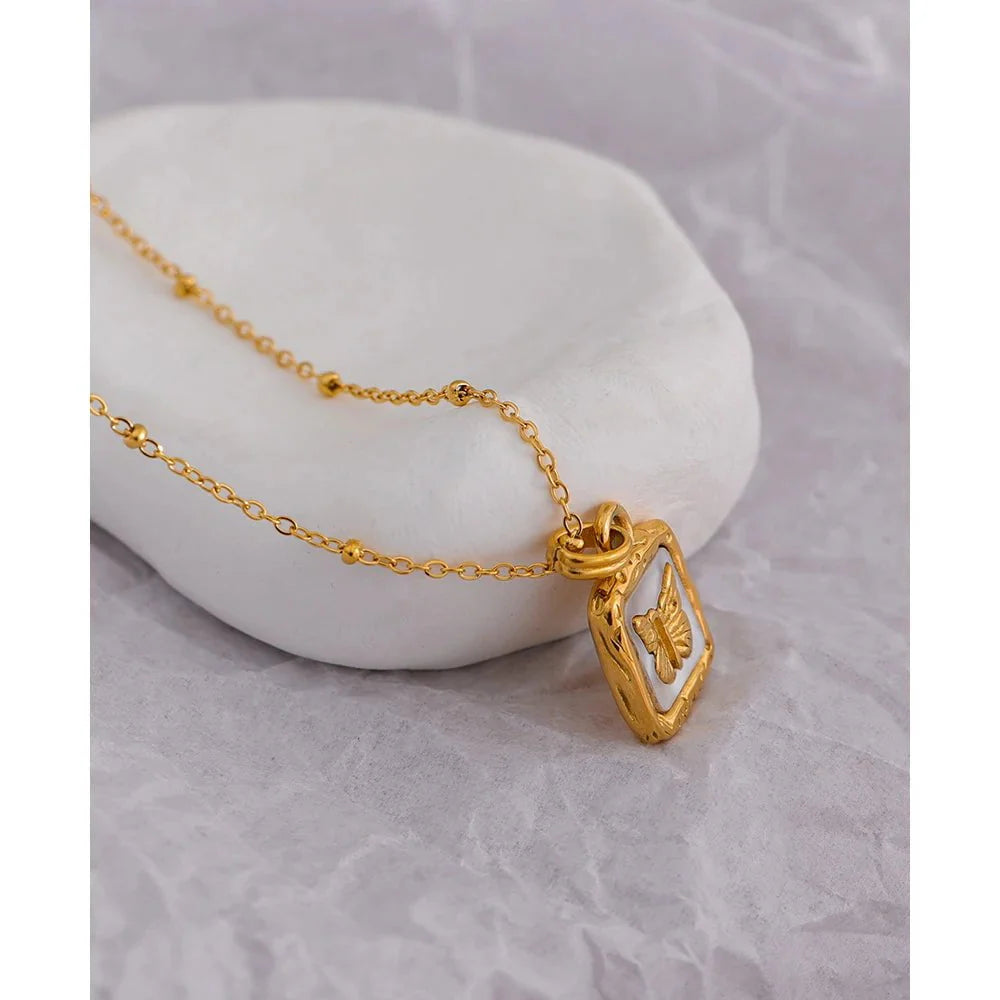 Wee Luxury Women Necklaces Gold Plated Golden Square Butterfly Shell Necklace for Women - Geometric Trendy Fashion Jewelry