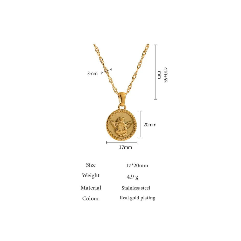 Wee Luxury Women Necklaces Gold Plated Round Charm Collar Angel Pendant Chain Necklace Gold 18 K Plated