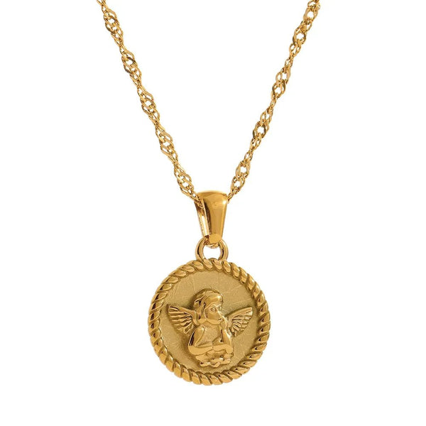 Wee Luxury Women Necklaces Gold Plated Round Charm Collar Angel Pendant Chain Necklace Gold 18 K Plated
