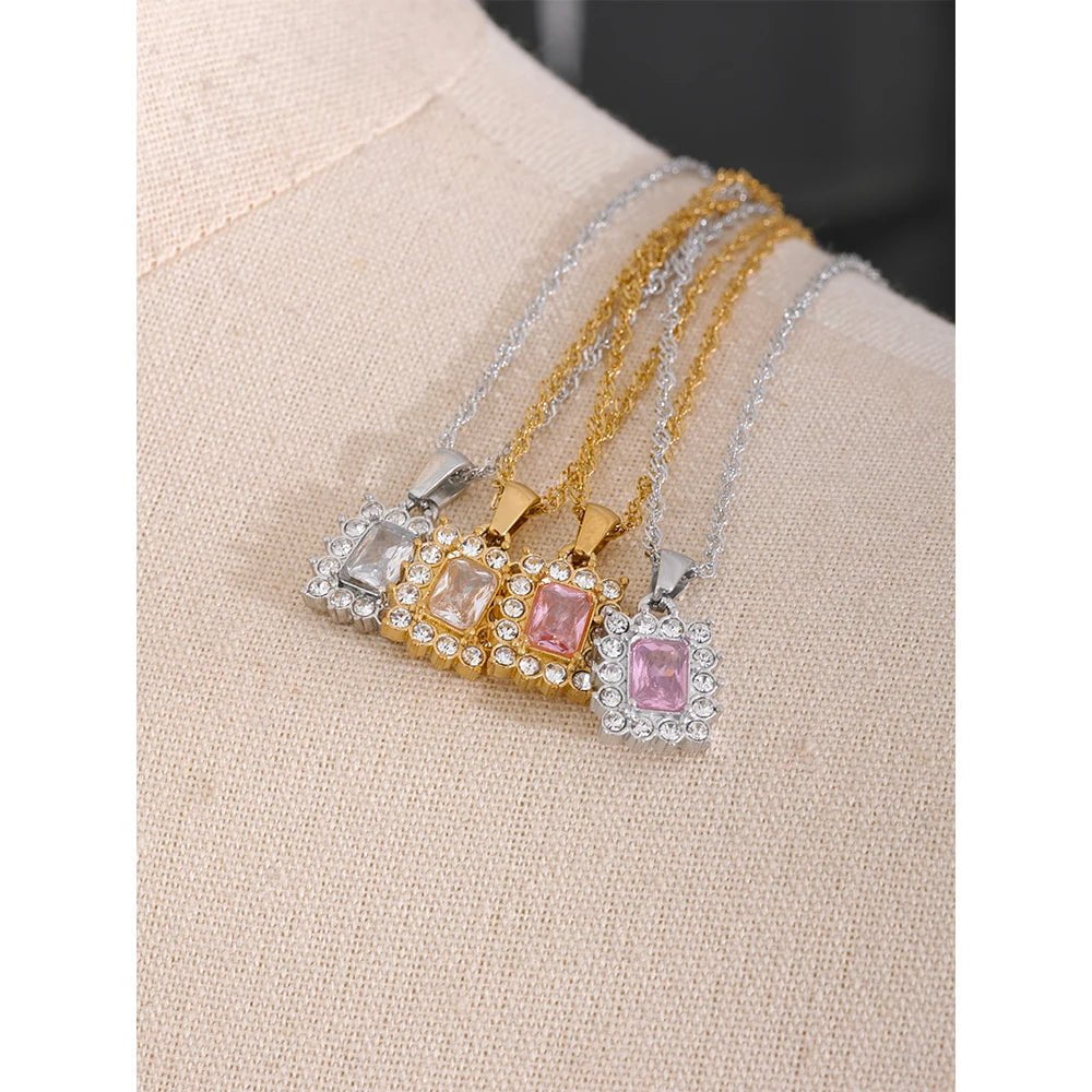 Wee Luxury Women Necklaces Gold Pink Luxurious Geometric with Shiny Cubic Zirconia Pendant for Women's Fashion Jewelry