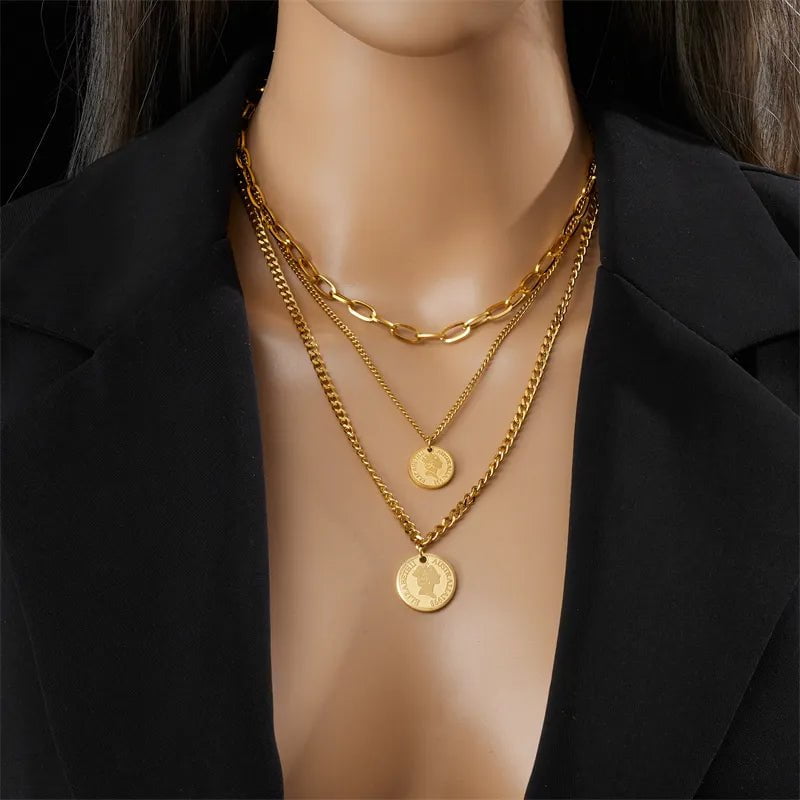 Wee Luxury Women Necklaces N2259 Round Coin Portrait Pendant Chain Necklace For Women