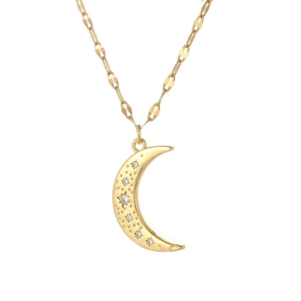 Wee Luxury Women Necklaces NK025G11 Boho Moon Star Sun Rainbow Necklace for Women Long Chain Stainless Steel Link Copper Gold Color Pendant Collars Punk Choker Men