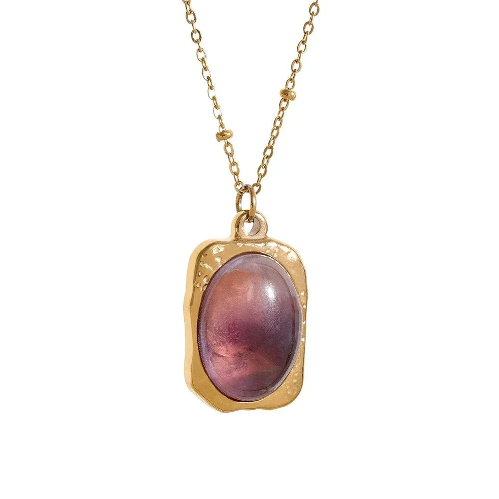 Stainless Steel Geometric Amethyst Aventurine Necklace with gold-plated chain and gemstone pendant.