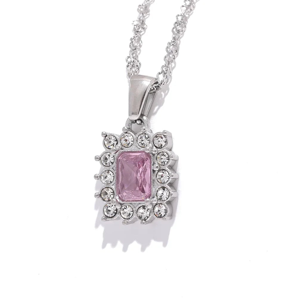 Wee Luxury Women Necklaces Steel Pink Luxurious Geometric with Shiny Cubic Zirconia Pendant for Women's Fashion Jewelry