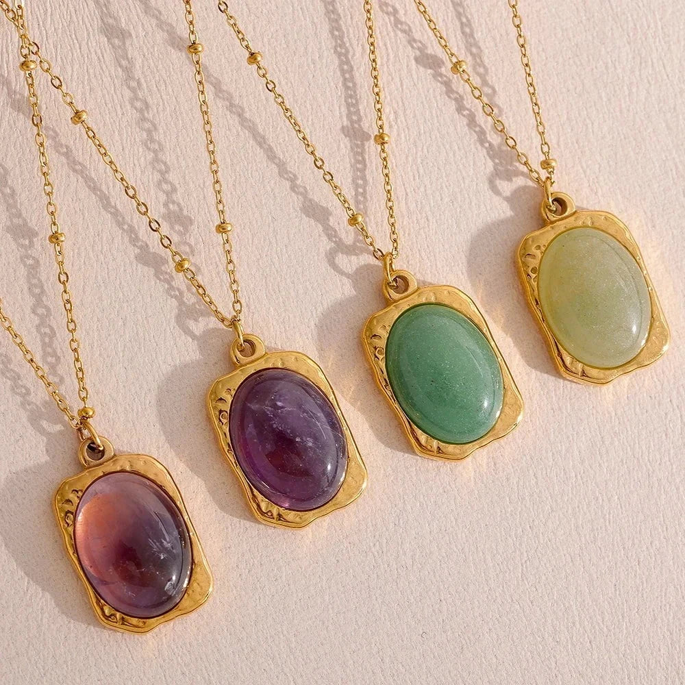 Stainless steel geometric amethyst aventurine necklace with gold plating, featuring unique gemstone pendants.