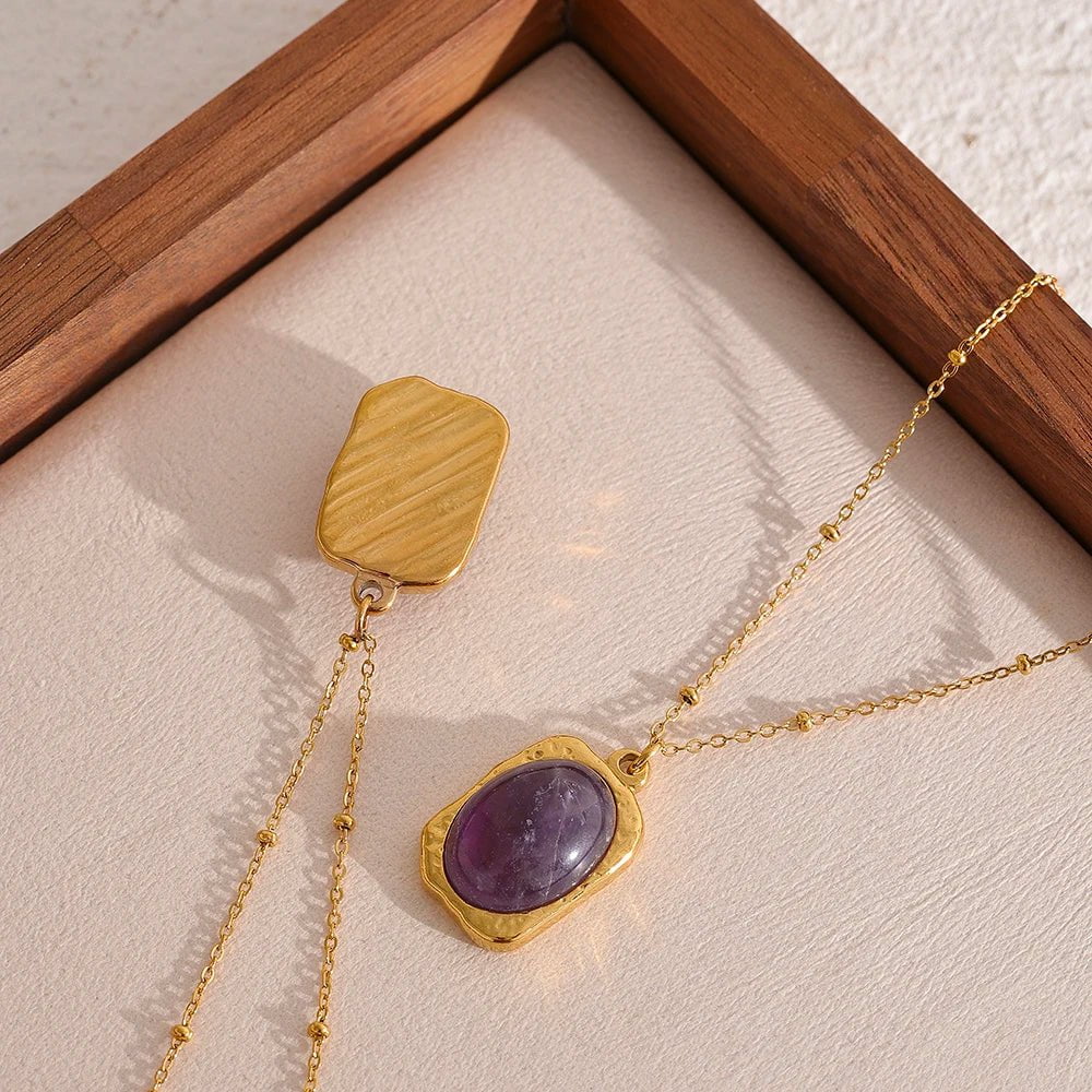 Wee Luxury Women Necklaces Trendy Geometric Amethyst Aventurine Stainless Steel Necklace