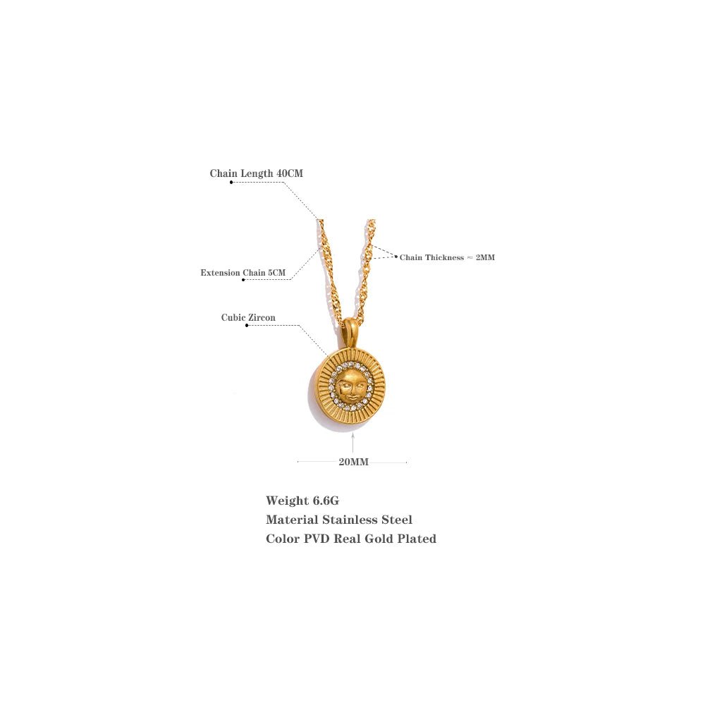 Wee Luxury Women Necklaces YH1246A Sun Portrait Zircon Stainless Steel Chain Vintage Fashion Necklace