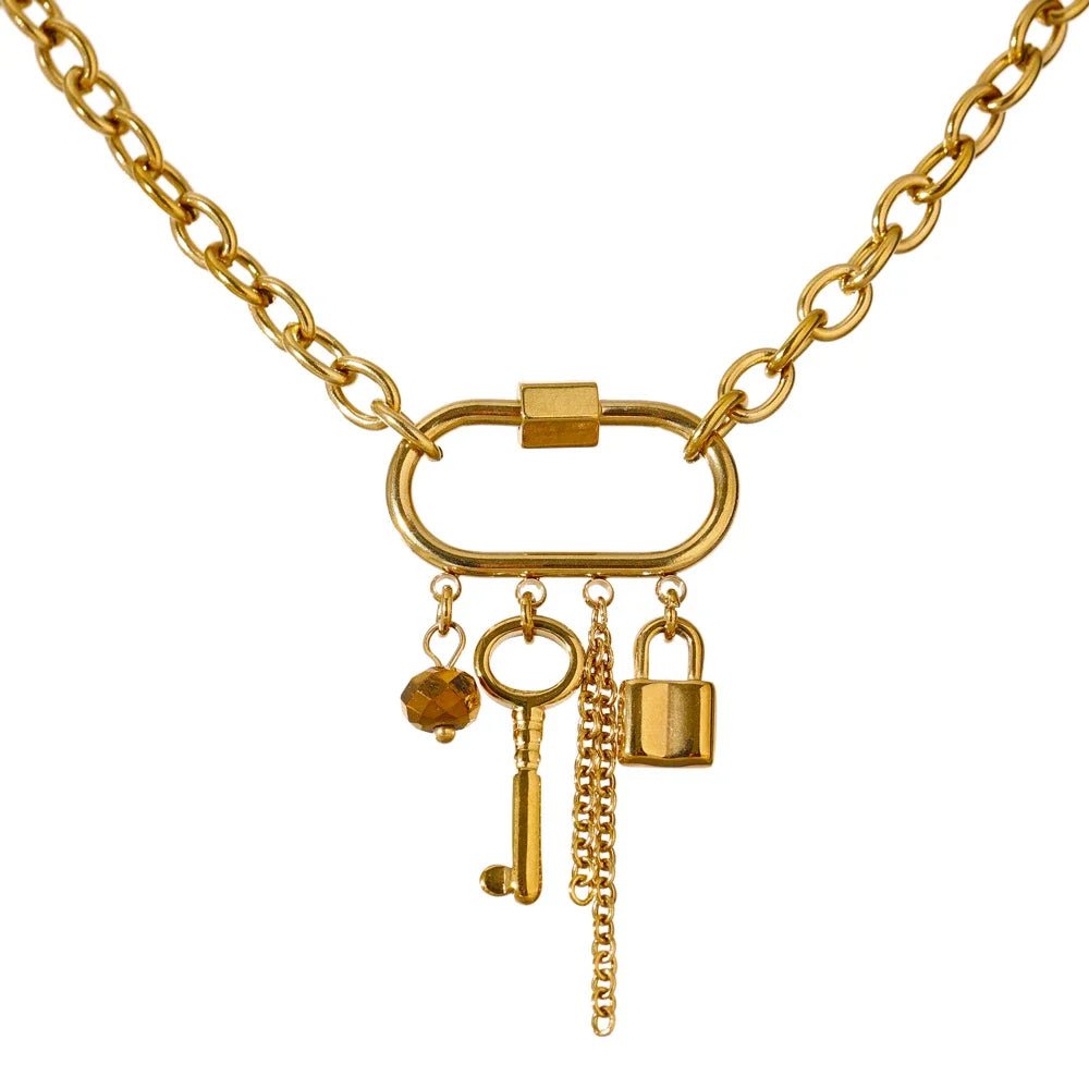 Wee Luxury Women Necklaces YH1734A Gold Chain Charm Metal Crystal Lock Key Pendant Necklace