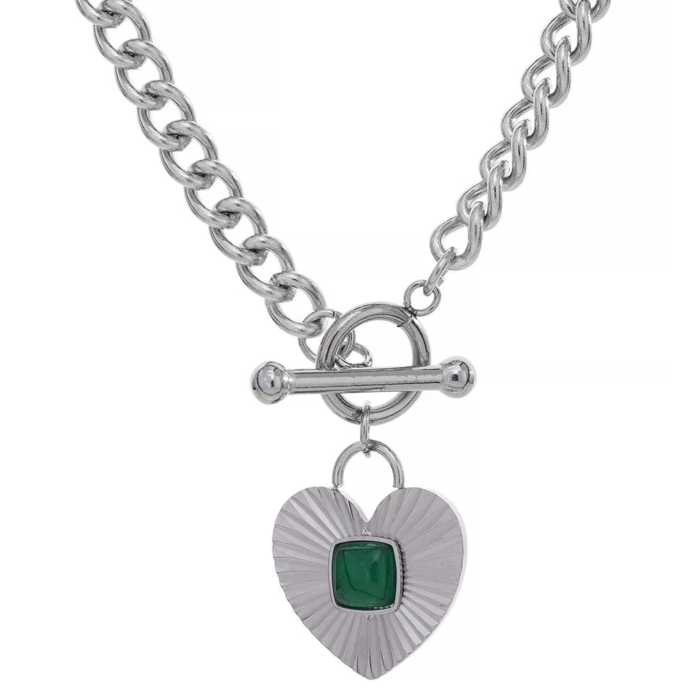 Wee Luxury Women Necklaces YH1743A Steel Green Agate Natural Stone Charm Chain Necklace