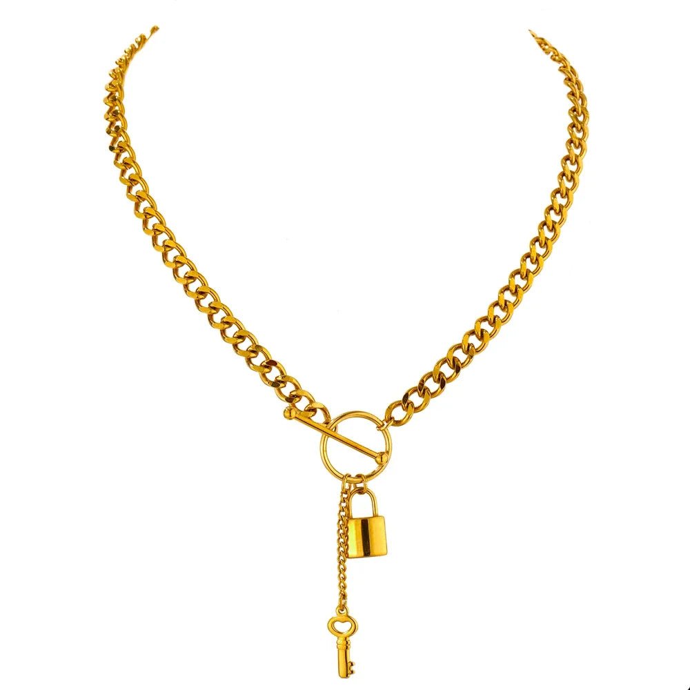 Wee Luxury Women Necklaces YH1950A Gold Minimalist Chain Punk Metal Lock Pendant Necklace
