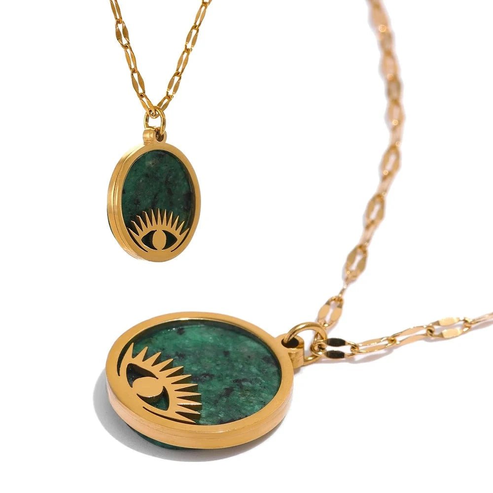 Wee Luxury Women Necklaces YH2083A Green Trendy Green Natural Stone Eye Pendant Stainless Steel Necklace