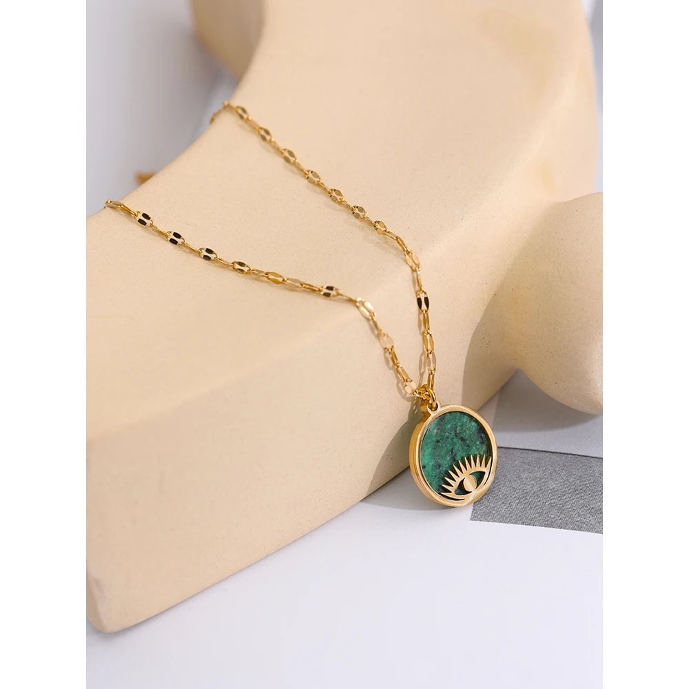 Wee Luxury Women Necklaces YH2083A Green Trendy Green Natural Stone Eye Pendant Stainless Steel Necklace