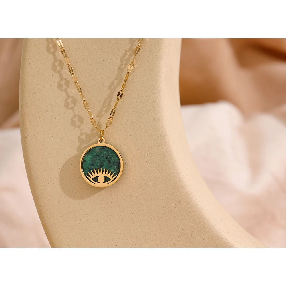 Wee Luxury Women Necklaces YH2083A Green Trendy Green Natural Stone Eye Pendant Stainless Steel Necklace