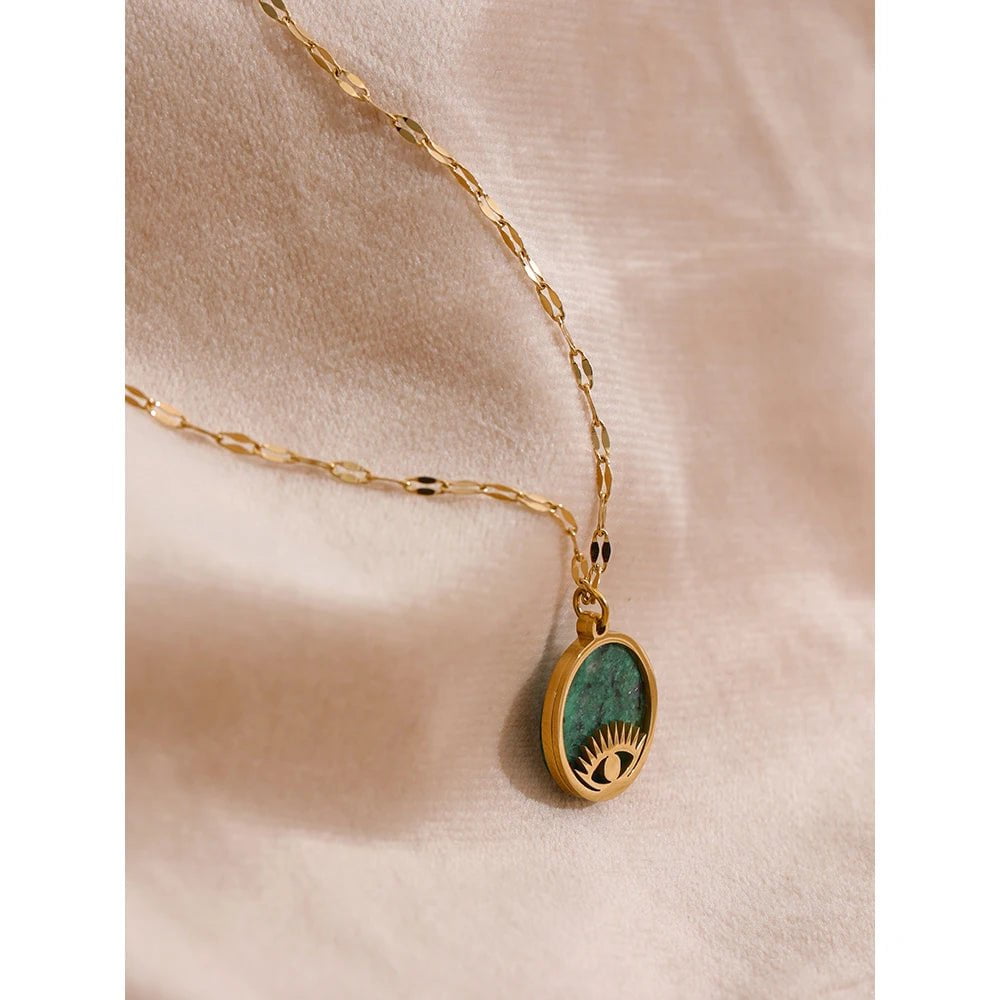 Wee Luxury Women Necklaces YH2083A Green Trendy Green Natural Stone Eye Pendant Stainless Steel Necklace