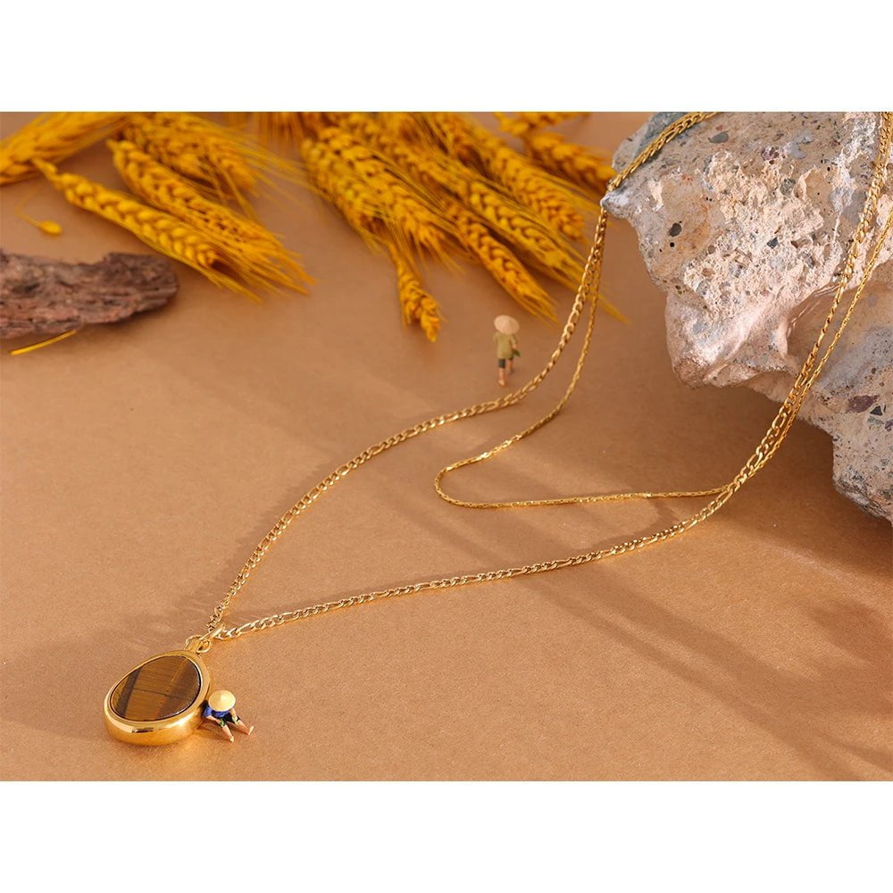 Wee Luxury Women Necklaces YH605A Tiger Stone Double Layered Sweater Chain Necklace