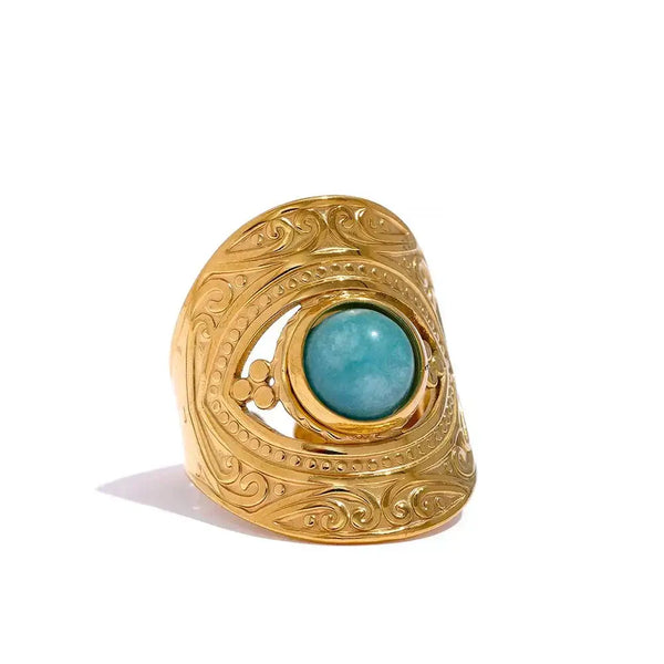 Trendy red blue natural stone stainless steel open ring with gold-plated geometric design.