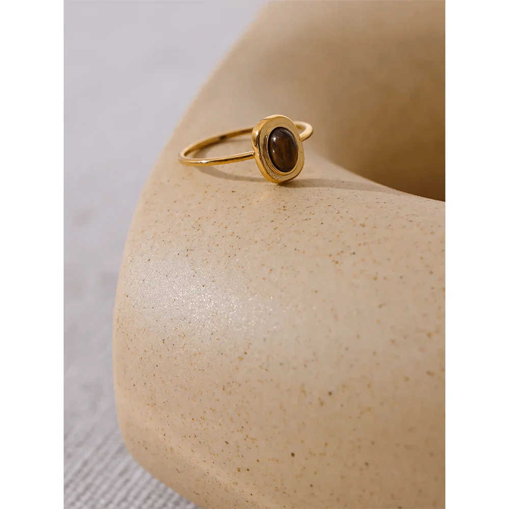 Wee Luxury Women Rings Fashion Natural Stone Stainless Steel Oval Thin Gold Ring