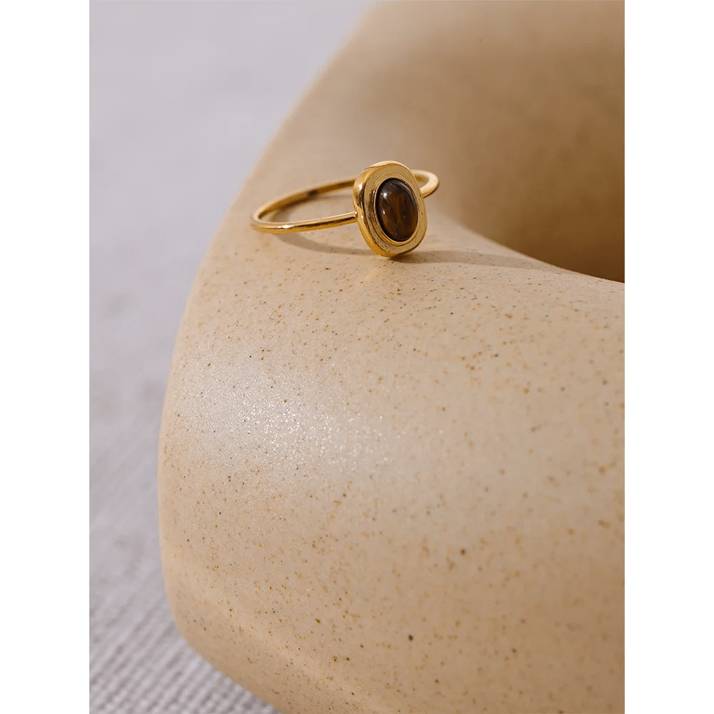 Wee Luxury Women Rings Fashion Natural Stone Stainless Steel Oval Thin Gold Ring