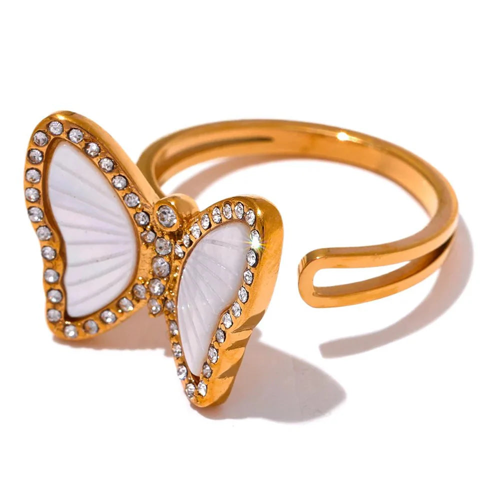 Wee Luxury Women Rings Gold Plated / 7 Exquisite Natural Shell CZ Stainless Steel Butterfly Ring