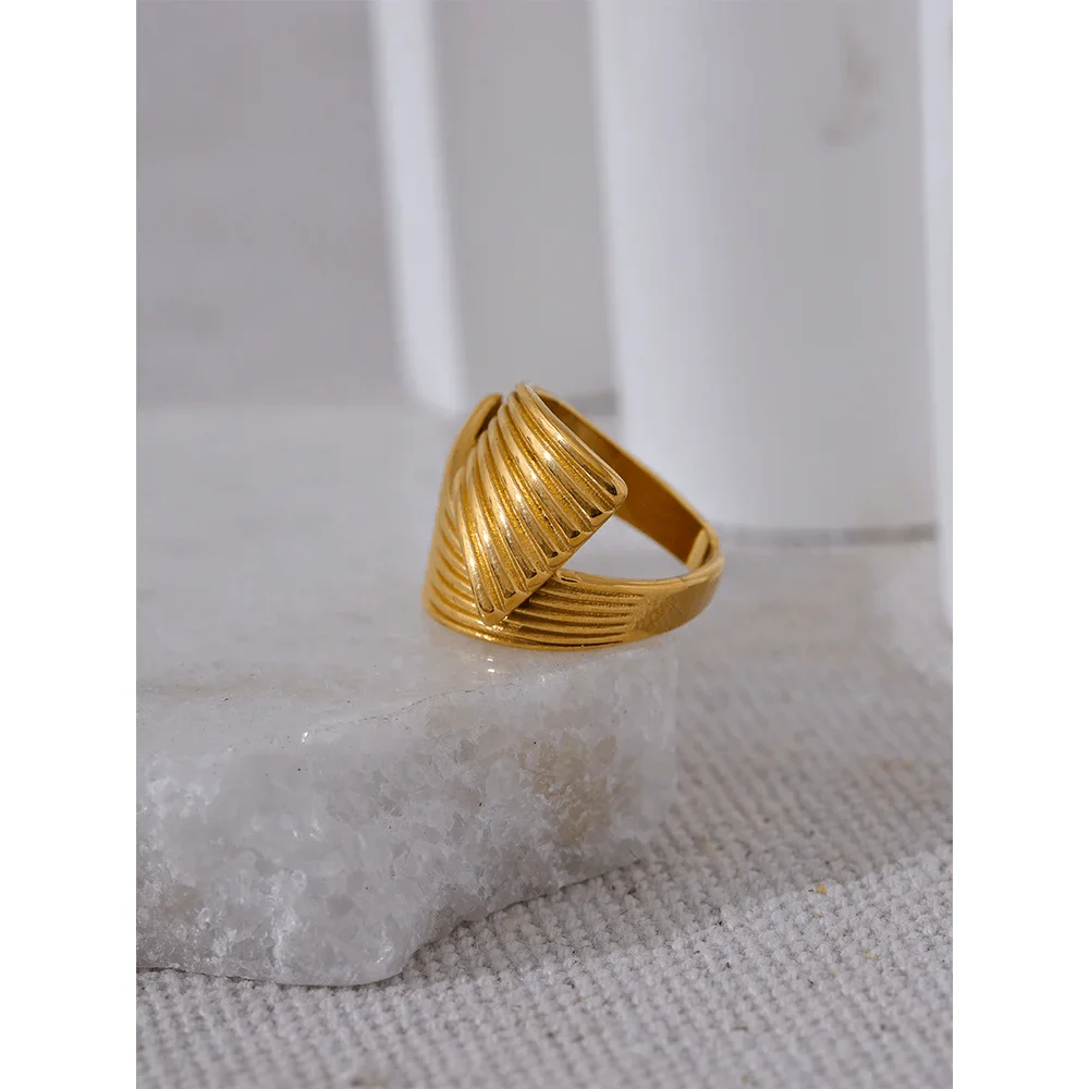 Wee Luxury Women Rings Gold Plated / 7 Metal Geometric Wide Golden Ring Statement 18K PVD Plated