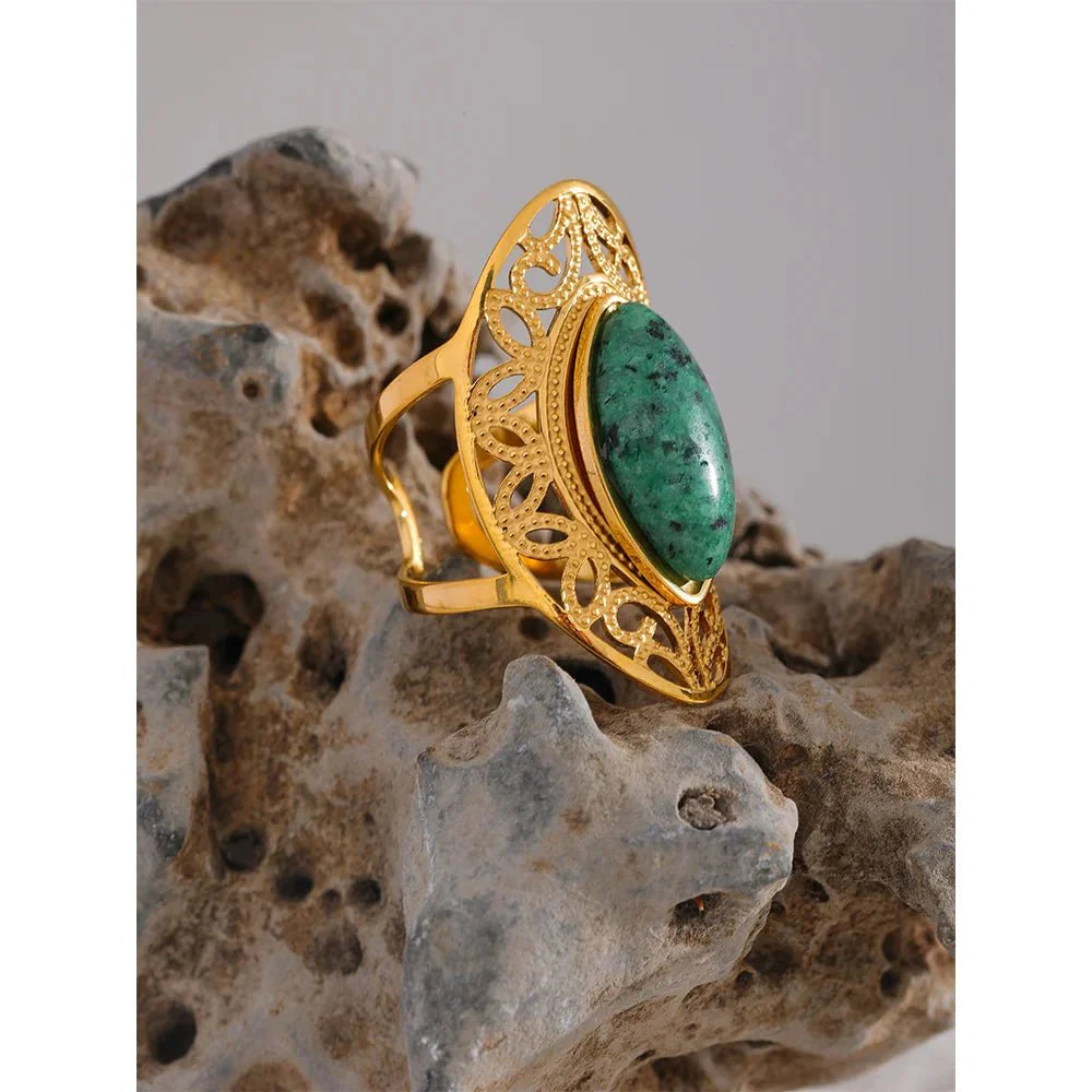 Wee Luxury Women Rings Gold Plated / Open Vintage Green Natural Stone Stainless Steel Open Women Ring