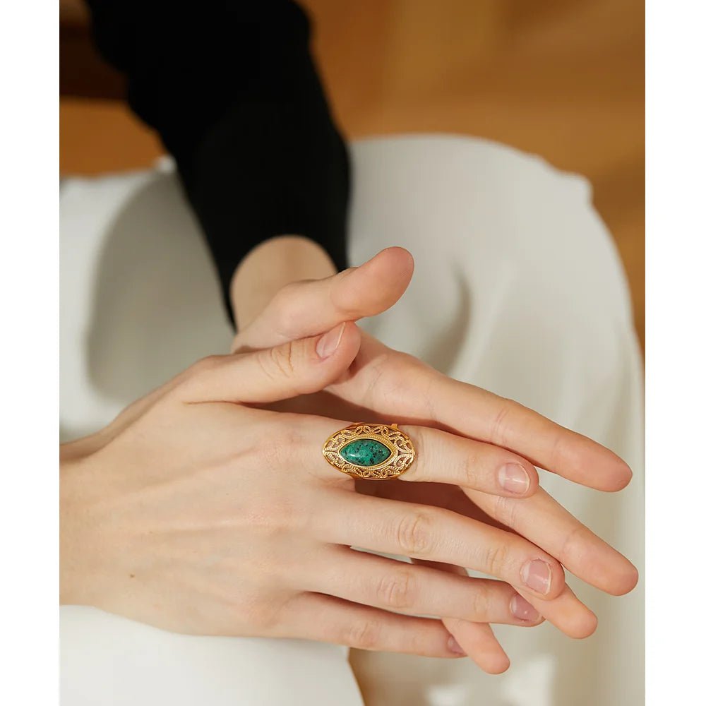 Wee Luxury Women Rings Gold Plated / Open Vintage Green Natural Stone Stainless Steel Open Women Ring