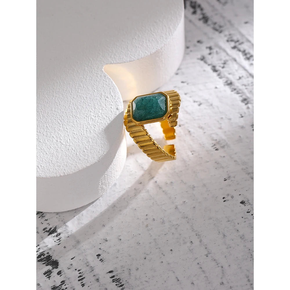 Wee Luxury Women Rings Gold Plated / Opening Blue Apatite Ring Statement Metal Golden Opening Jewelr