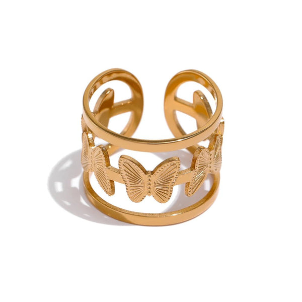 Wee Luxury Women Rings Gold Plated / Opening Stylish Golden Insect 316L Stainless Steel Opening Butterfly Ring