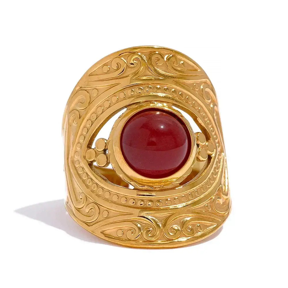 Trendy red blue natural stone stainless steel open ring with gold-plated geometric design.