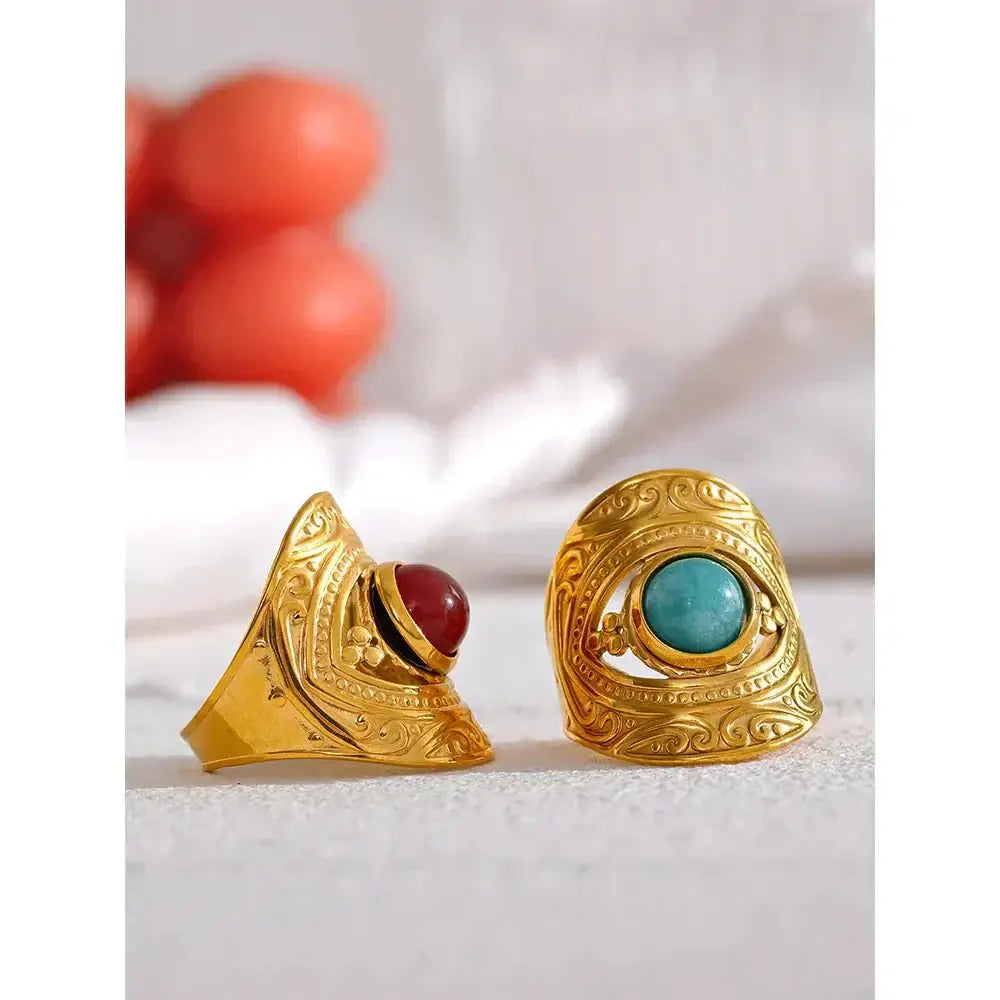 Trendy red blue natural stone stainless steel open ring with geometric design and real gold plating.