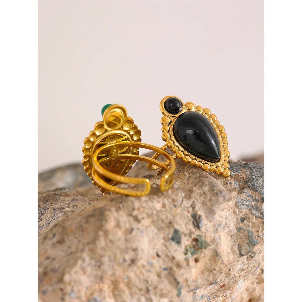 Wee Luxury Women Rings Vintage Natural Stone Artificial Agate Metal Open Ring