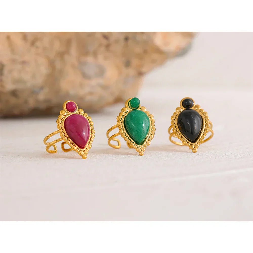 Wee Luxury Women Rings Vintage Natural Stone Artificial Agate Metal Open Ring