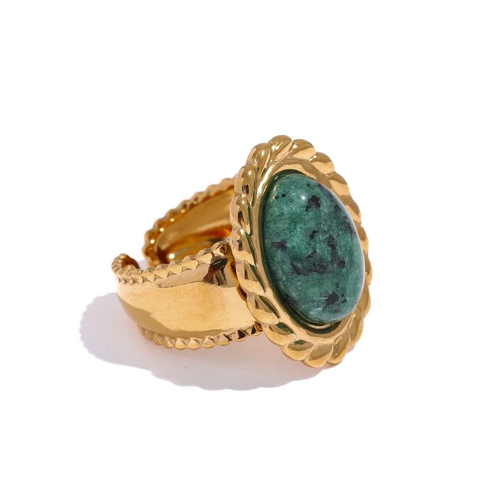 Wee Luxury Women Rings YH203A Green Stainless Steel Wide Chunky Ring Inlaid Tiger Natural Stone