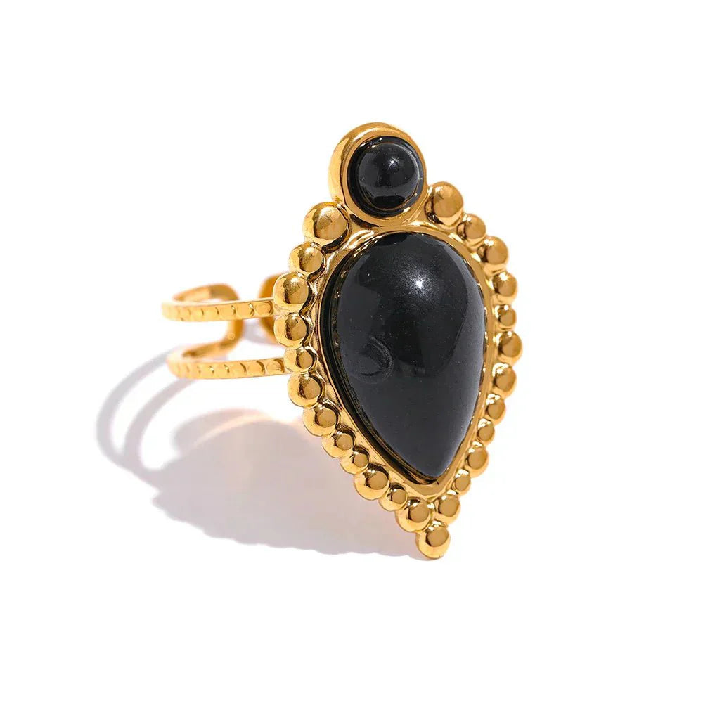 Vintage natural stone artificial agate metal open ring with black stone and gold geometric design.