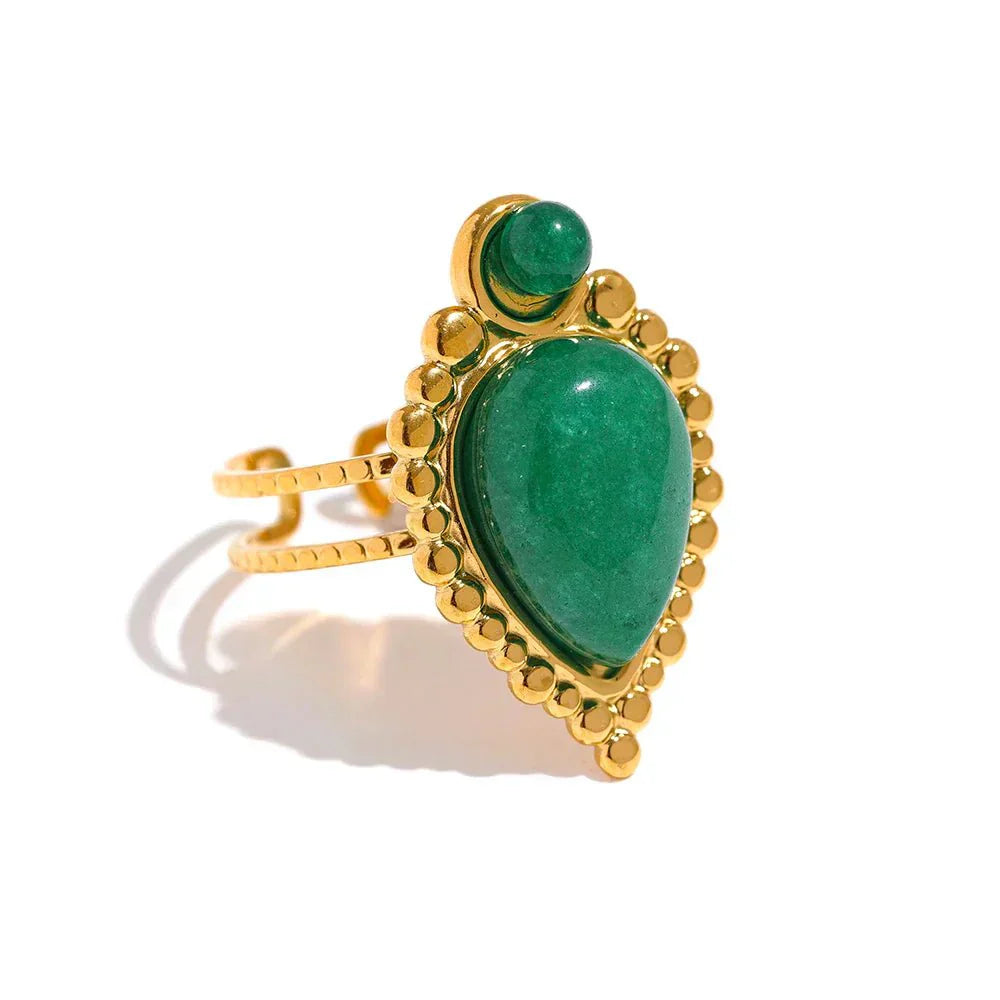 Vintage natural stone artificial agate metal open ring in vibrant green with geometric pattern design.