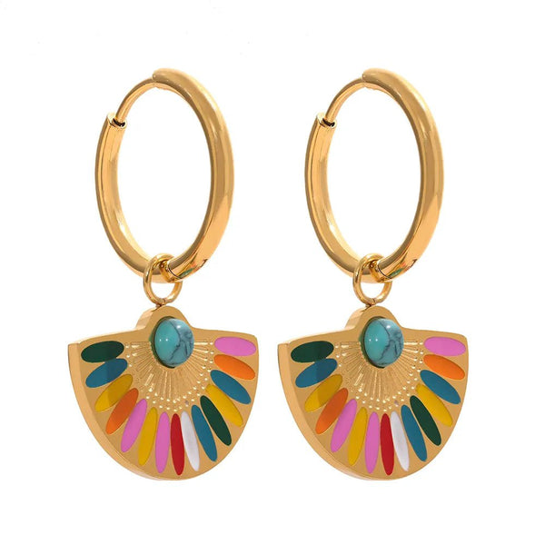 Wee Luxury Enamel Geometric Bohemian Rainbow Drop Hoop Earrings