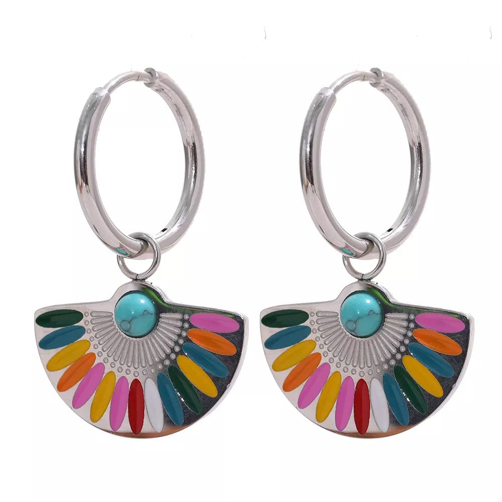 Wee Luxury YH1211A Steel Enamel Geometric Bohemian Rainbow Drop Hoop Earrings