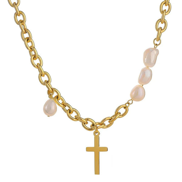 Wee Luxury YH1328A Gold Trendy Cross Pendant Necklace Luxury Natural Pearl Metal Collar Necklace